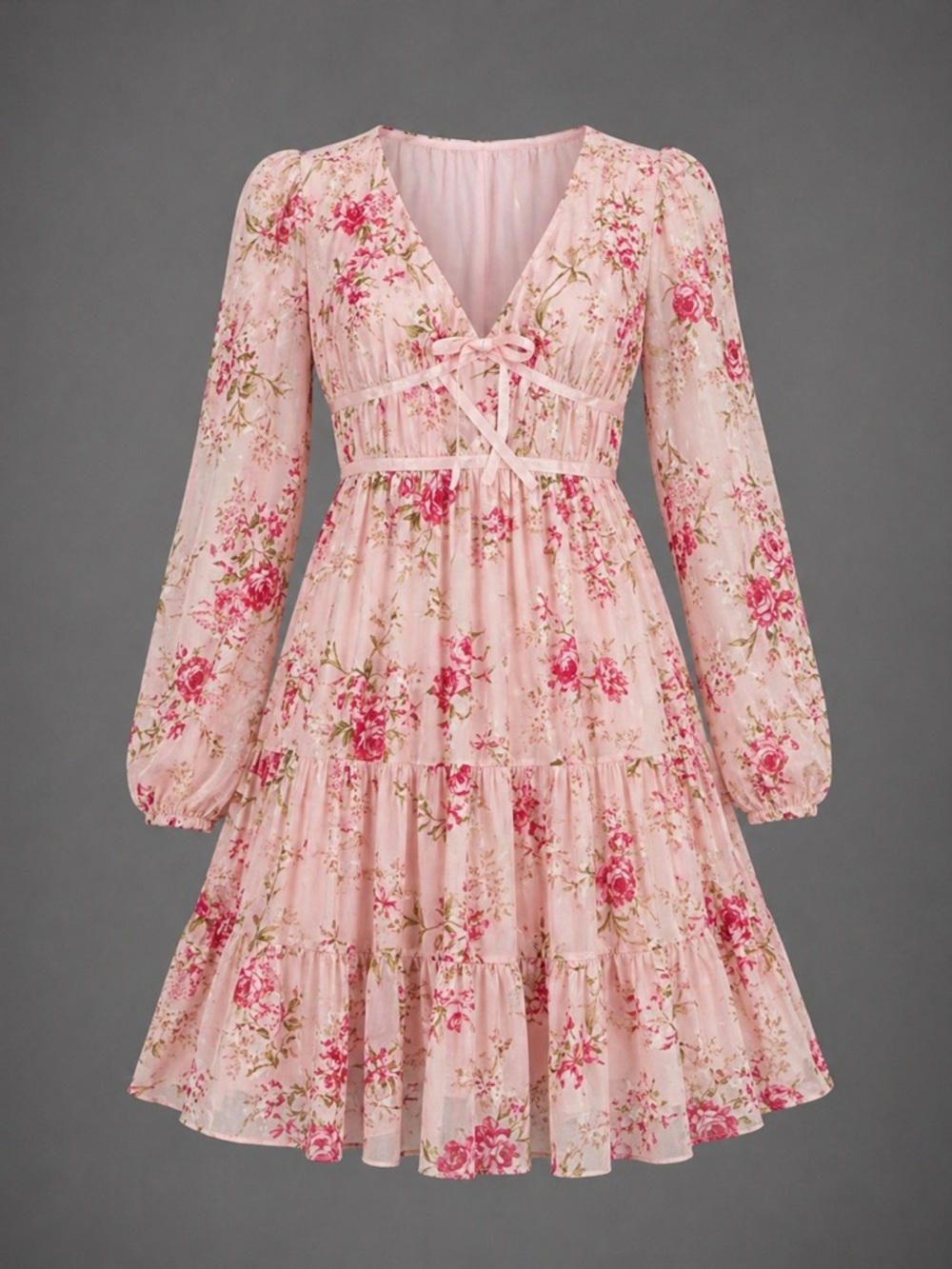 Floral Pink Long-Sleeve Tiered V-Neck Dress women’s size Medium charmed hearts